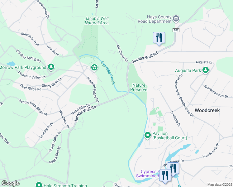 map of restaurants, bars, coffee shops, grocery stores, and more near 2020 Jacobs Well Road in Wimberley