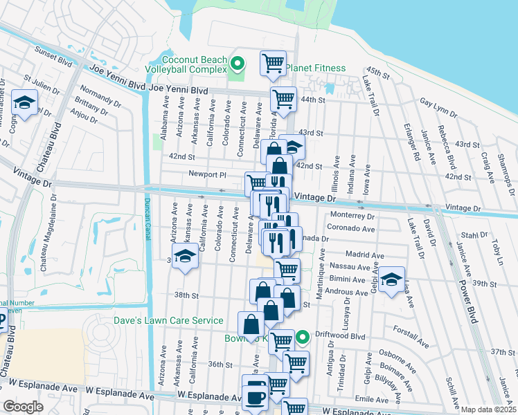 map of restaurants, bars, coffee shops, grocery stores, and more near 4041 Williams Boulevard in Kenner