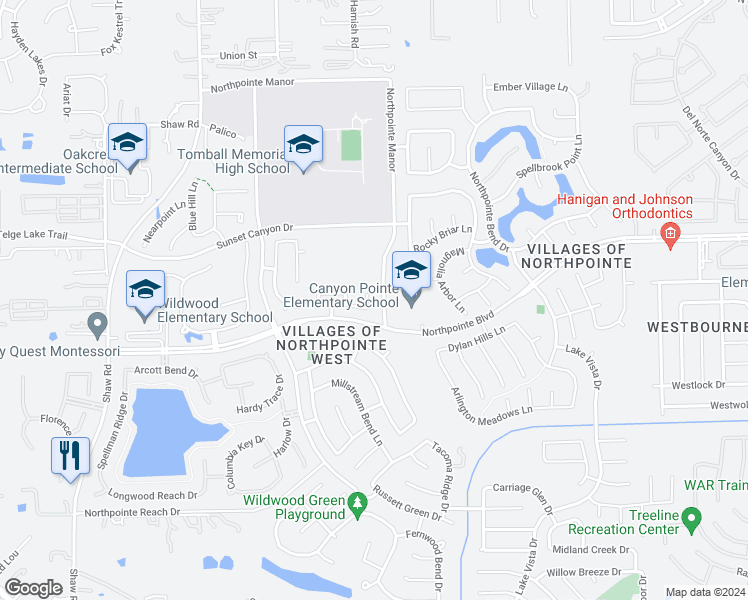 map of restaurants, bars, coffee shops, grocery stores, and more near 18914 Roseworth Court in Tomball