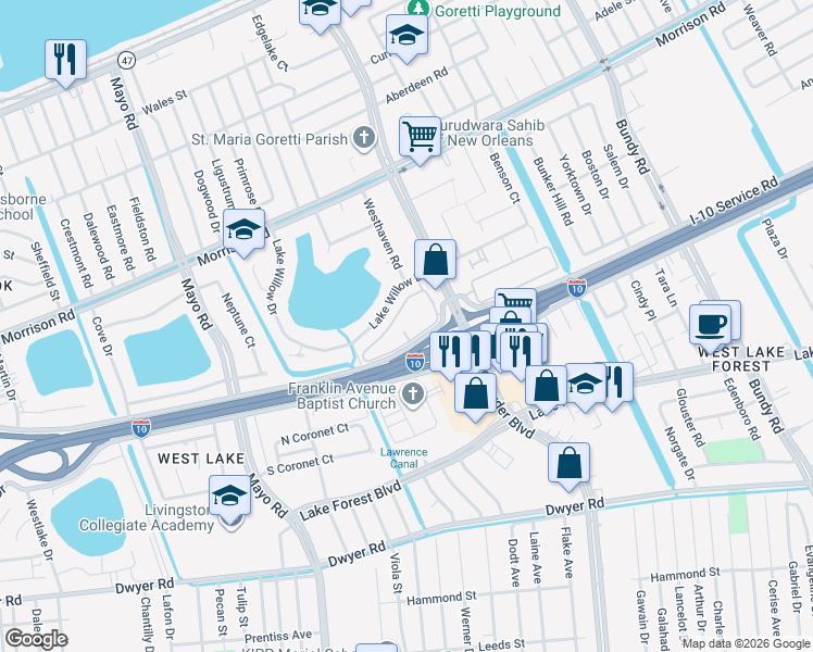 map of restaurants, bars, coffee shops, grocery stores, and more near 7001 Lawrence Road in New Orleans
