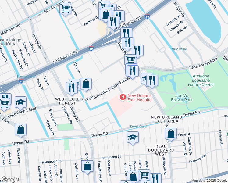 map of restaurants, bars, coffee shops, grocery stores, and more near 9846 Lake Forest Boulevard in New Orleans