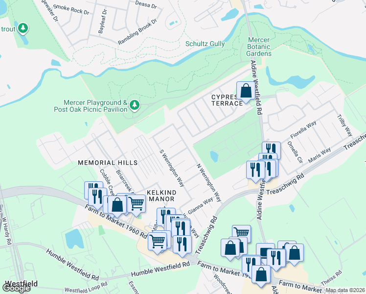 map of restaurants, bars, coffee shops, grocery stores, and more near 2446 Jonahs Way in Houston