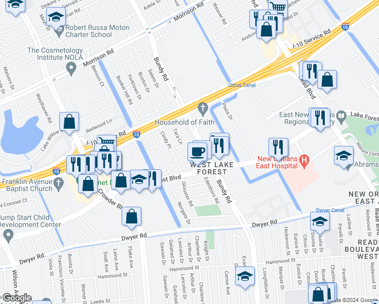 map of restaurants, bars, coffee shops, grocery stores, and more near 6747 Tara Lane in New Orleans