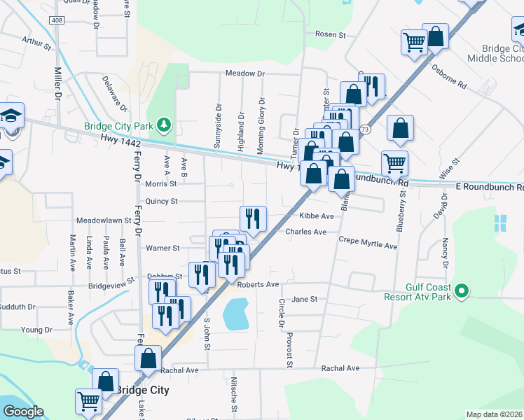 map of restaurants, bars, coffee shops, grocery stores, and more near 170 Bailey Avenue in Bridge City
