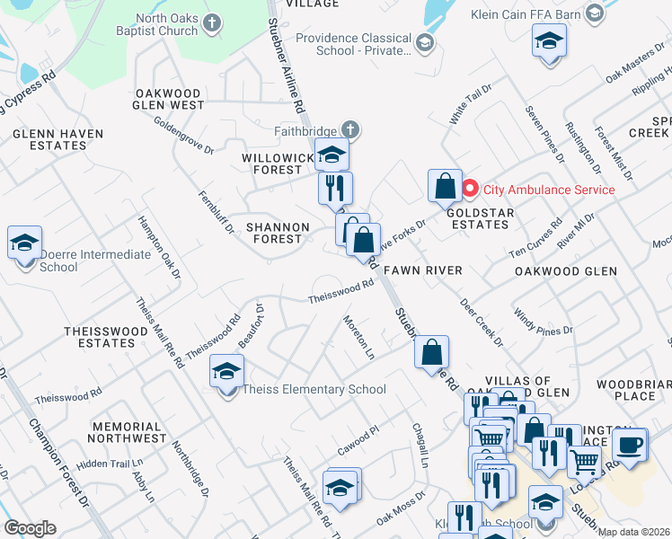 map of restaurants, bars, coffee shops, grocery stores, and more near 7515 Ralick Court in Spring