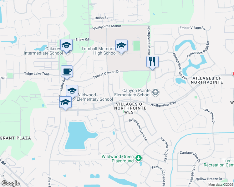 map of restaurants, bars, coffee shops, grocery stores, and more near 13227 Brantfield Park Lane in Tomball