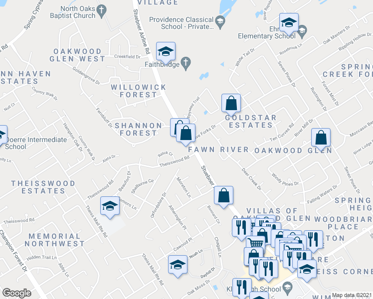 map of restaurants, bars, coffee shops, grocery stores, and more near 17641 Stuebner Airline Road in Spring