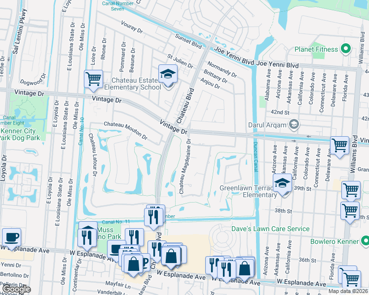 map of restaurants, bars, coffee shops, grocery stores, and more near 80 Chateau Magdelaine Drive in Kenner