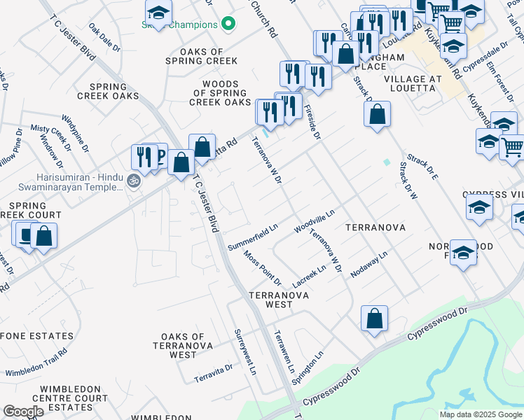 map of restaurants, bars, coffee shops, grocery stores, and more near 5526 Alamosa Lane in Spring