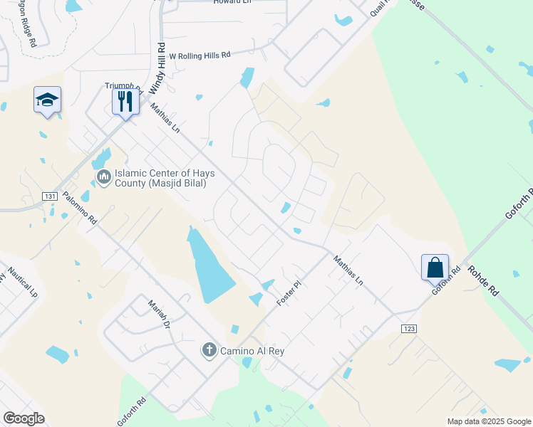 map of restaurants, bars, coffee shops, grocery stores, and more near 701 Mathias Lane in Kyle