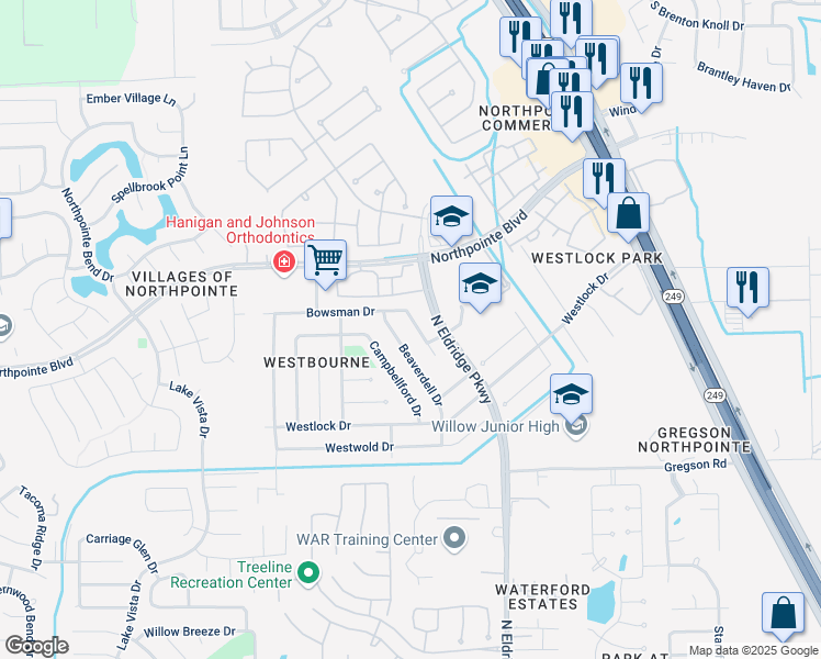 map of restaurants, bars, coffee shops, grocery stores, and more near 18323 Hillingdon Lane in Tomball