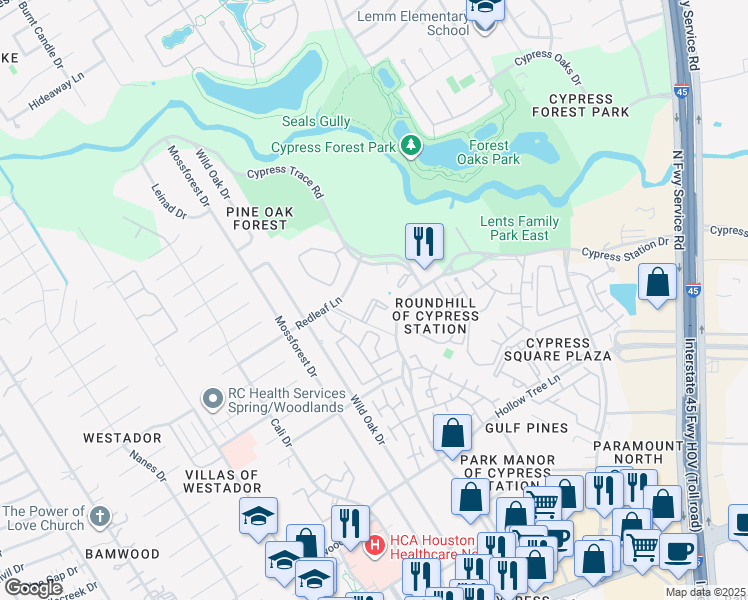 map of restaurants, bars, coffee shops, grocery stores, and more near 44 Cypress Trace Road in Houston