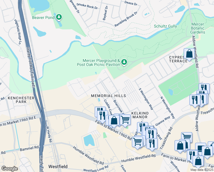 map of restaurants, bars, coffee shops, grocery stores, and more near 1819 Cobble Creek Drive in Houston