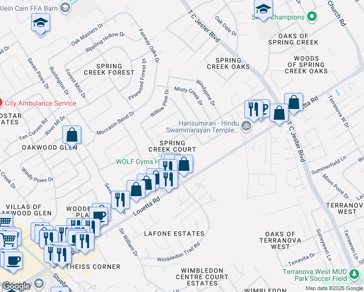 map of restaurants, bars, coffee shops, grocery stores, and more near 16822 Sedona Springs Lane in Spring