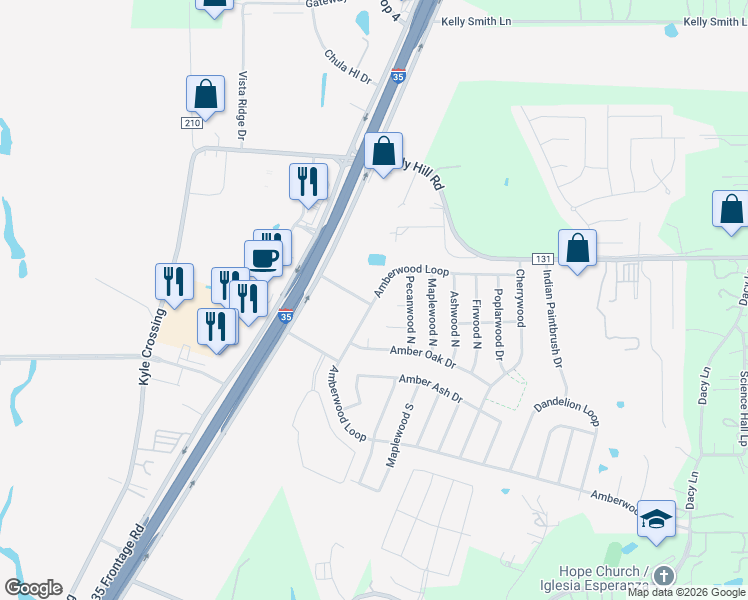 map of restaurants, bars, coffee shops, grocery stores, and more near 1684 Amberwood Loop in Kyle