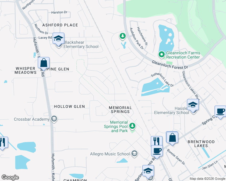 map of restaurants, bars, coffee shops, grocery stores, and more near 18303 Melissa Springs Drive in Tomball