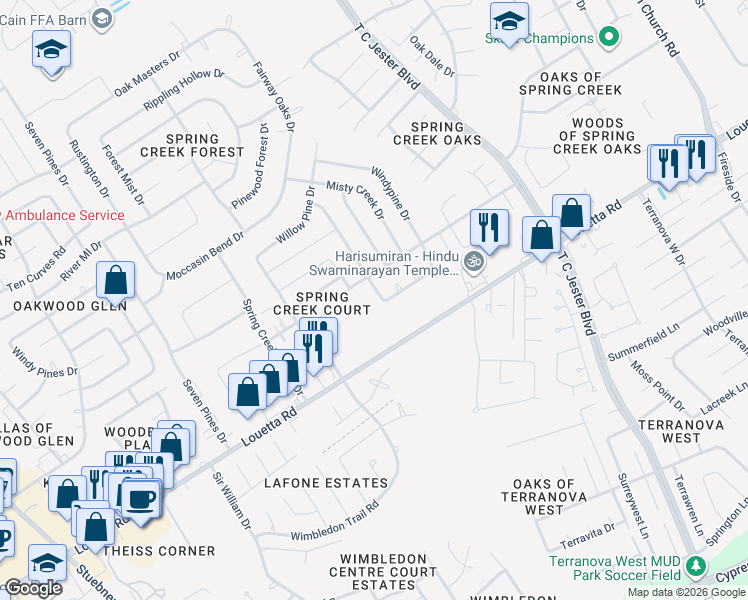 map of restaurants, bars, coffee shops, grocery stores, and more near 16807 Butteroak Drive in Spring