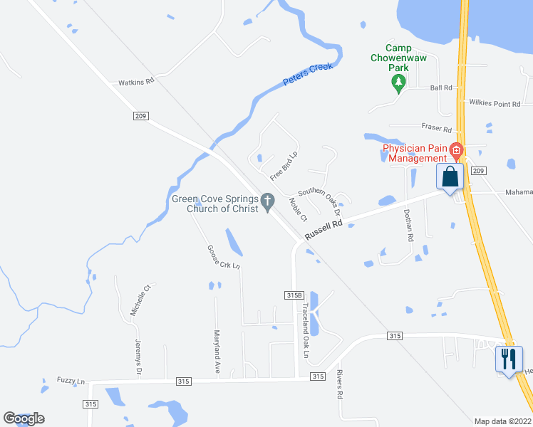 map of restaurants, bars, coffee shops, grocery stores, and more near 3650 Russell Road in Green Cove Springs