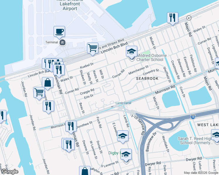 map of restaurants, bars, coffee shops, grocery stores, and more near 7501 Karen in New Orleans
