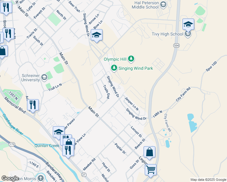map of restaurants, bars, coffee shops, grocery stores, and more near 2320 Trails End in Kerrville
