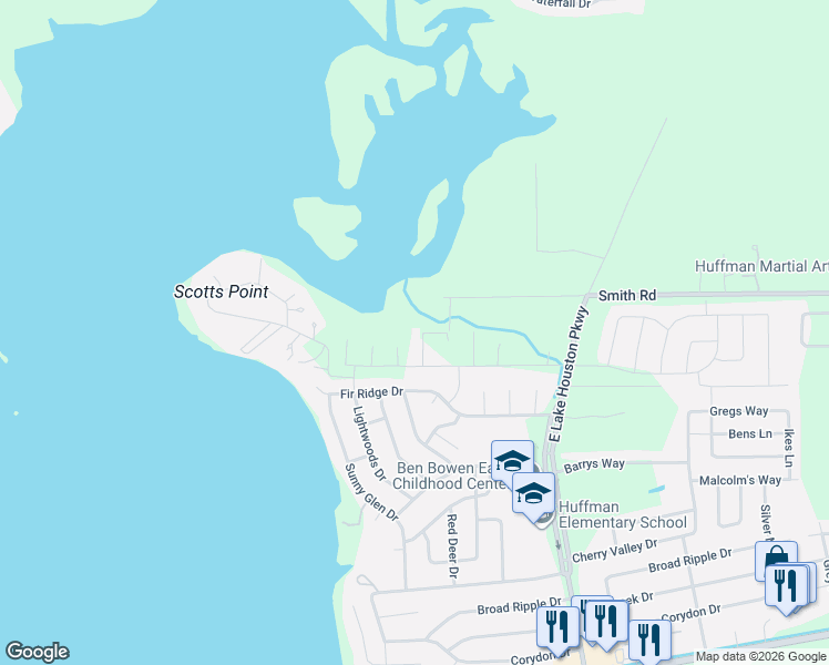 map of restaurants, bars, coffee shops, grocery stores, and more near 323 Fir Ridge Drive in Huffman
