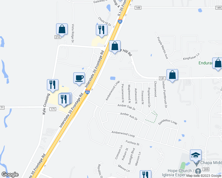 map of restaurants, bars, coffee shops, grocery stores, and more near 1701 Amberwood Loop in Kyle
