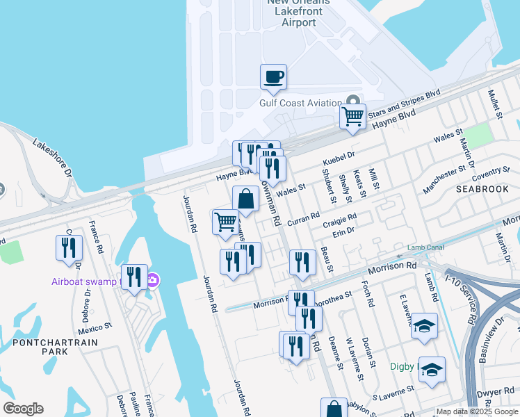 map of restaurants, bars, coffee shops, grocery stores, and more near 7712 Belcrest Place in New Orleans