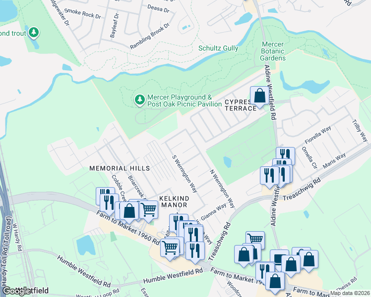 map of restaurants, bars, coffee shops, grocery stores, and more near 21822 South Werrington Way in Houston