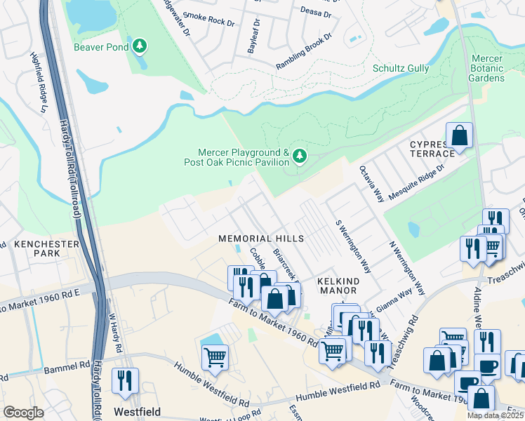 map of restaurants, bars, coffee shops, grocery stores, and more near 21502 Millhouse Circle in Houston