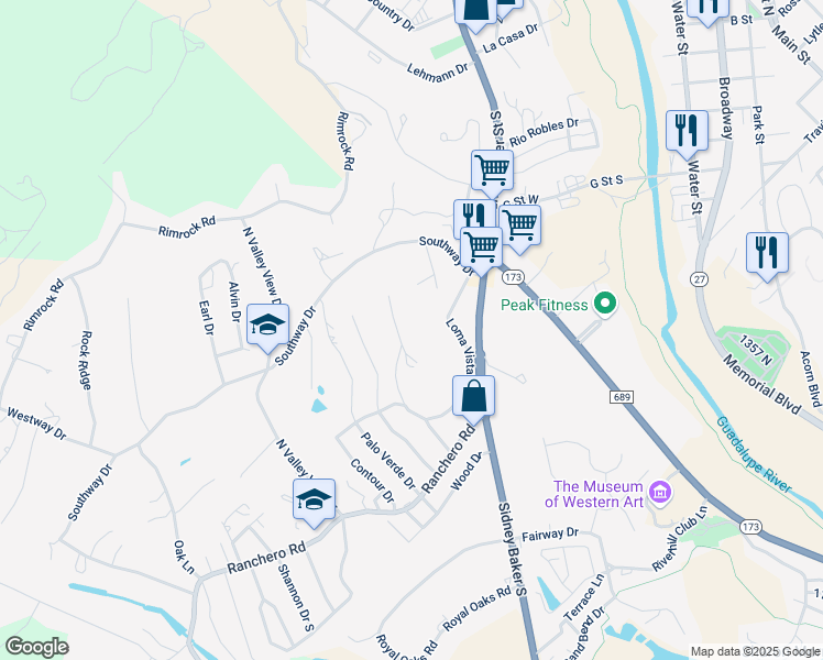 map of restaurants, bars, coffee shops, grocery stores, and more near 102 Alto Vista Street in Kerrville