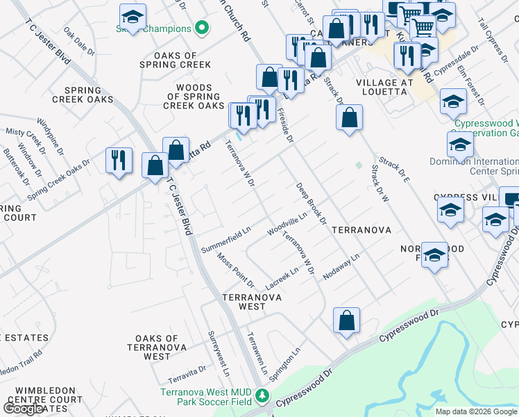 map of restaurants, bars, coffee shops, grocery stores, and more near 5514 Summerfield Lane in Spring