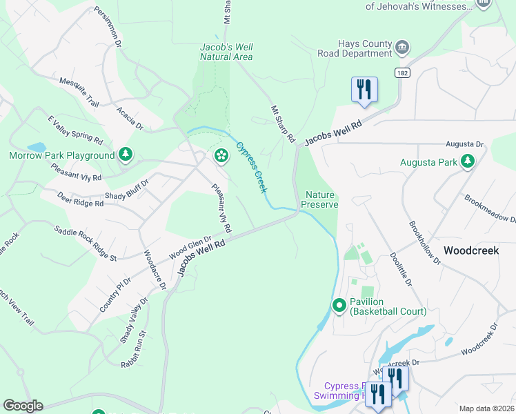map of restaurants, bars, coffee shops, grocery stores, and more near 2020 Jacobs Well Road in Wimberley