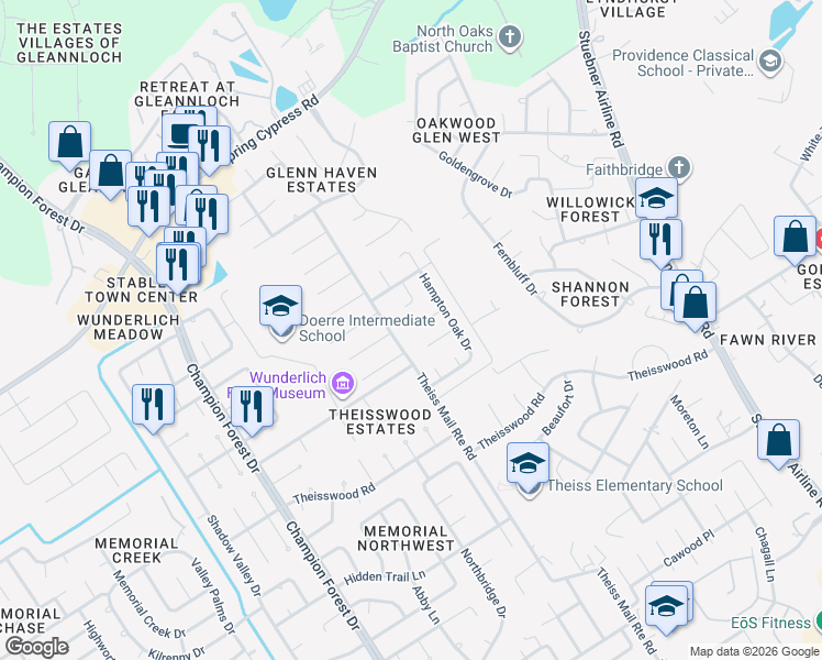 map of restaurants, bars, coffee shops, grocery stores, and more near 7930 Huddersfield Court in Spring