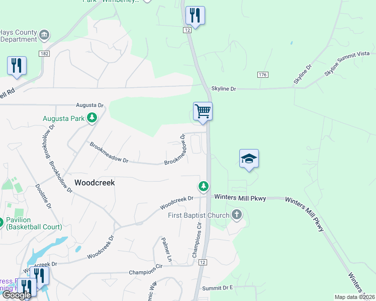 map of restaurants, bars, coffee shops, grocery stores, and more near 7 Elmbrook Drive in Wimberley