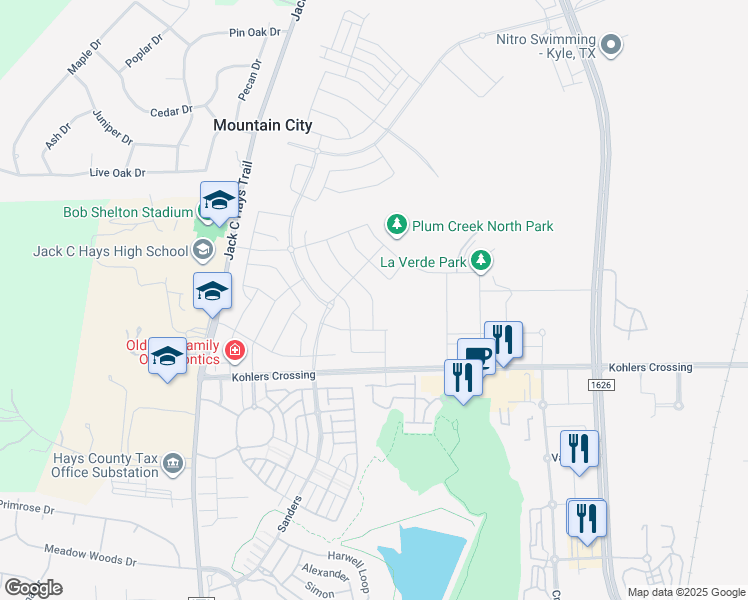 map of restaurants, bars, coffee shops, grocery stores, and more near 340 Madrid in Kyle