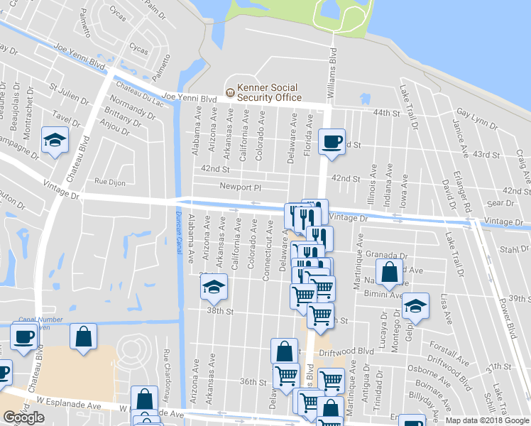 map of restaurants, bars, coffee shops, grocery stores, and more near 1769 Vintage Drive in Kenner