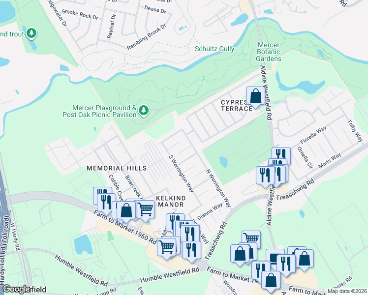 map of restaurants, bars, coffee shops, grocery stores, and more near 2446 Jonahs Way in Houston