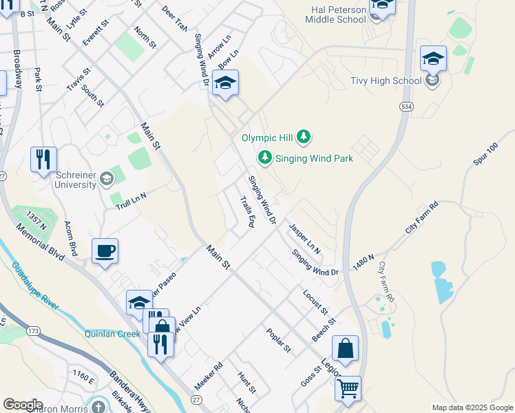 map of restaurants, bars, coffee shops, grocery stores, and more near 2320 Trails End in Kerrville