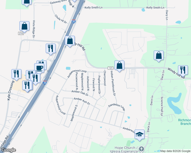 map of restaurants, bars, coffee shops, grocery stores, and more near 209 Firwood South in Kyle