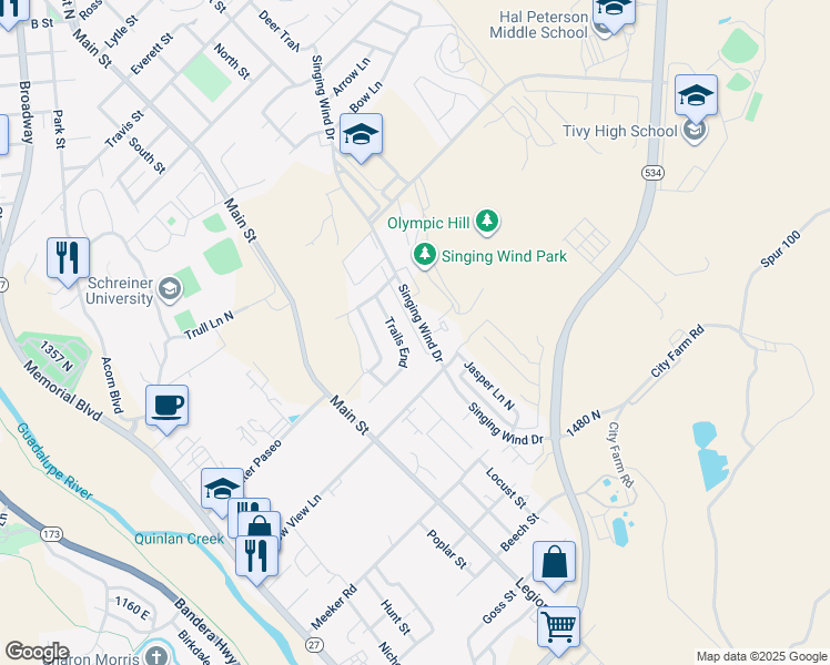 map of restaurants, bars, coffee shops, grocery stores, and more near 2312 Sailing Way in Kerrville