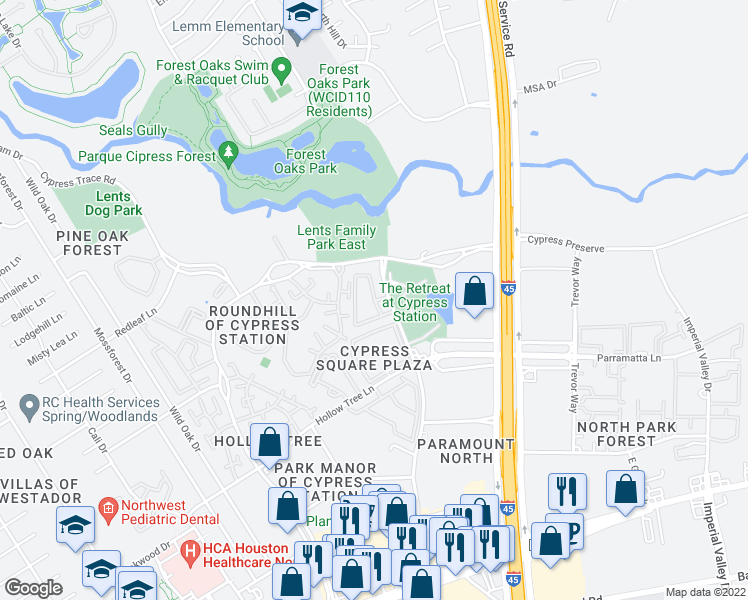 map of restaurants, bars, coffee shops, grocery stores, and more near 18203 Westfield Place Drive in Houston