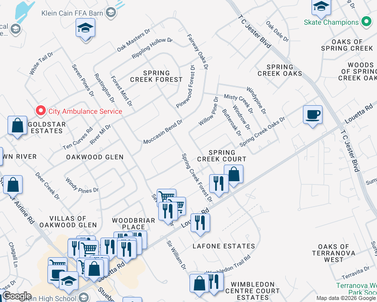 map of restaurants, bars, coffee shops, grocery stores, and more near 17022 Spring Creek Forest Drive in Spring