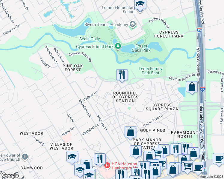 map of restaurants, bars, coffee shops, grocery stores, and more near 766 Cypress Station Drive in Houston