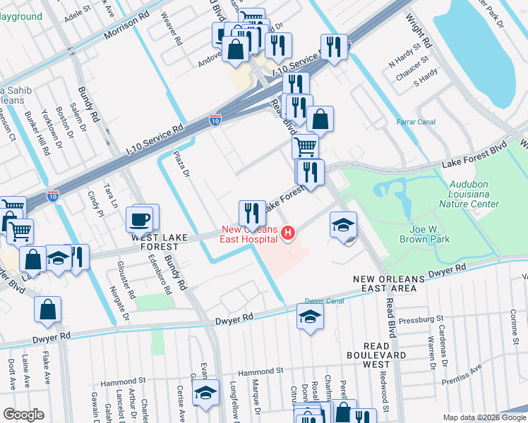 map of restaurants, bars, coffee shops, grocery stores, and more near 9930 Lake Forest Boulevard in New Orleans