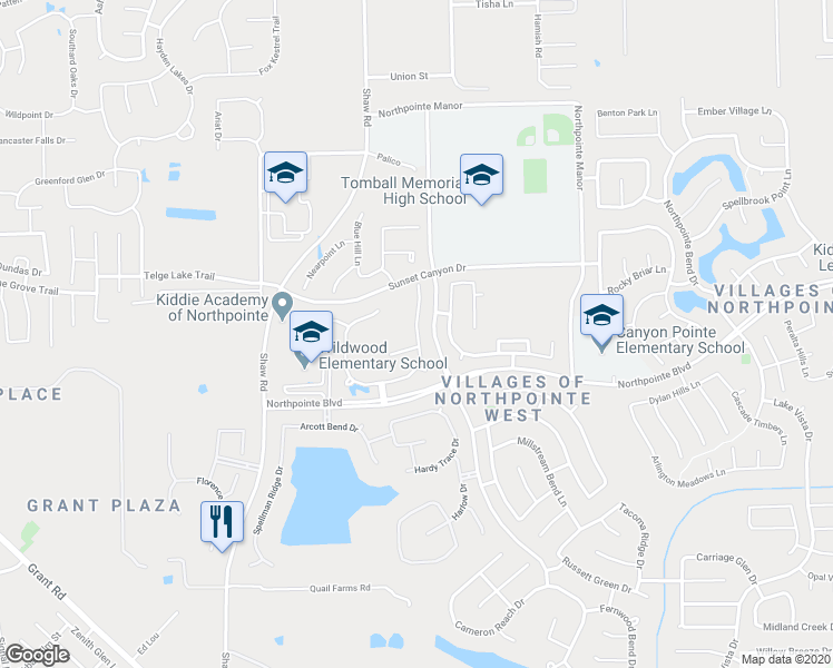 map of restaurants, bars, coffee shops, grocery stores, and more near Winding Atwood Lane in Tomball