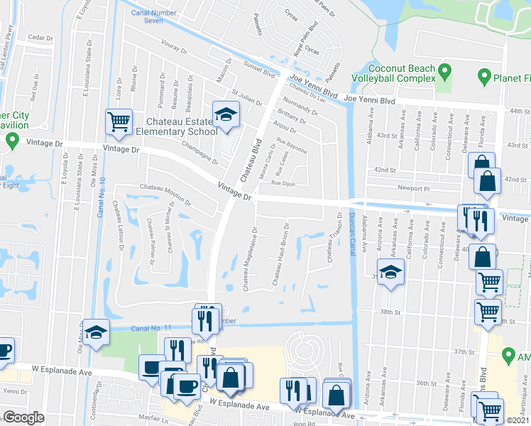 map of restaurants, bars, coffee shops, grocery stores, and more near 3 Chateau Pontet Canet Drive in Kenner