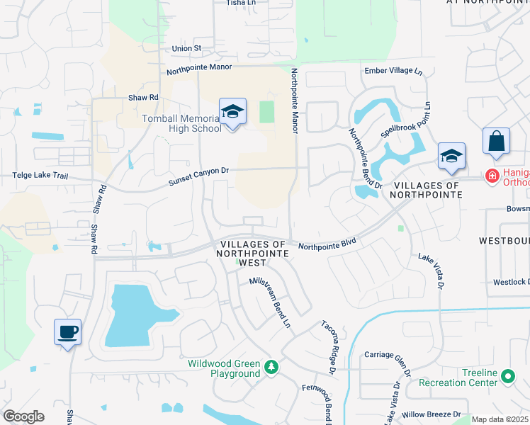 map of restaurants, bars, coffee shops, grocery stores, and more near 13102 Royal Bend Lane in Tomball