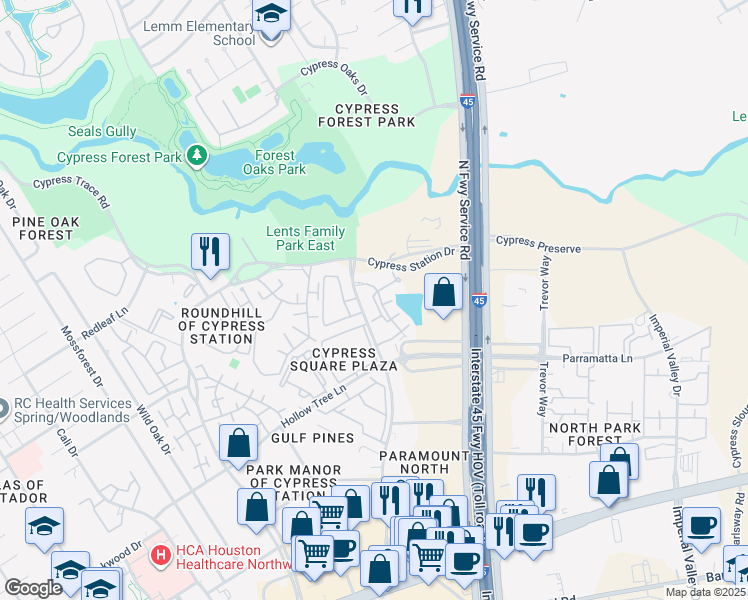 map of restaurants, bars, coffee shops, grocery stores, and more near 18200 Westfield Place Drive in Houston