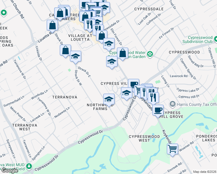 map of restaurants, bars, coffee shops, grocery stores, and more near 17841 South Cypress Villas Drive in Spring