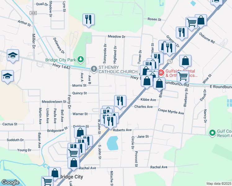 map of restaurants, bars, coffee shops, grocery stores, and more near 401 Bryant Boulevard in Bridge City